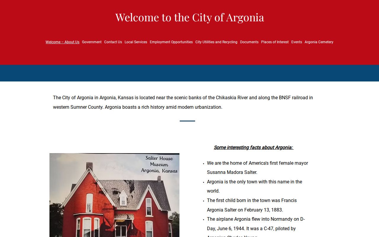 Official City of Argonia home page showing a separate municipal government