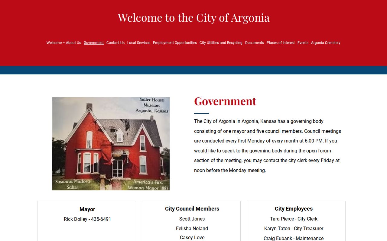 Official Argonia government page with separate city staff and municipal code
