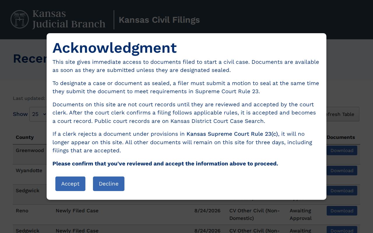 Sumner County civil docket Kansas Civil Filings page