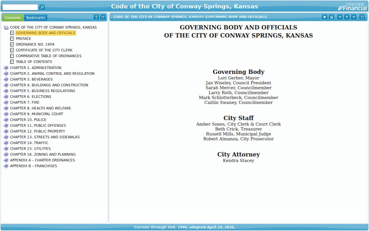 Conway Springs officials page identifying the court clerk judge and prosecutor