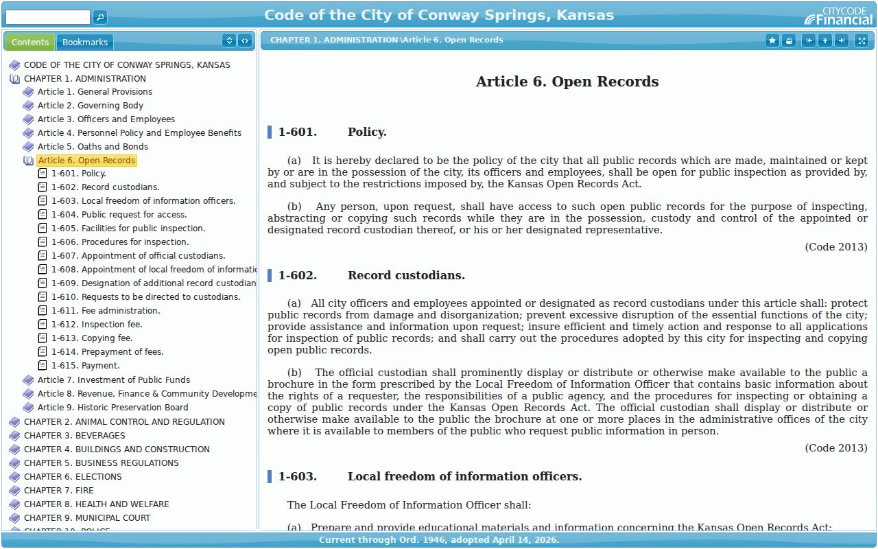 Conway Springs open records page naming the municipal court records custodian
