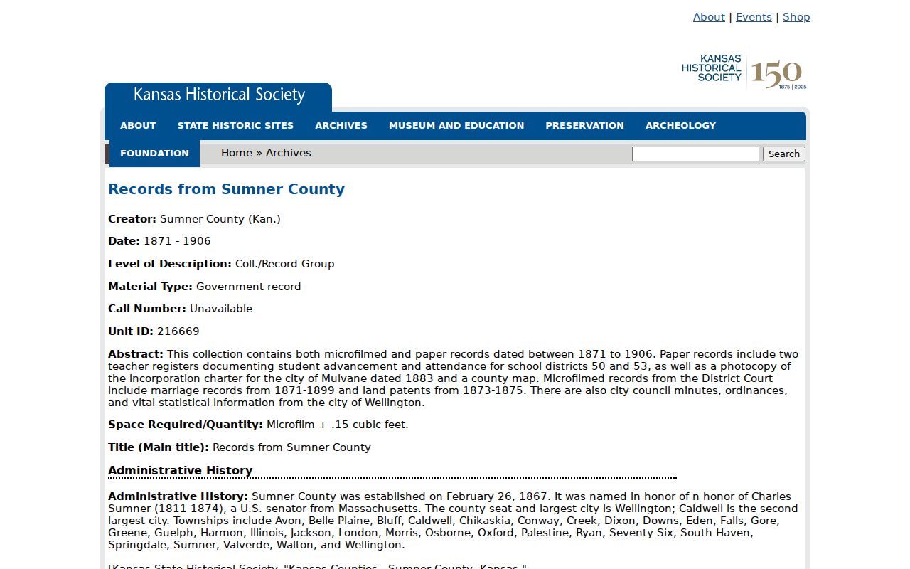 Kansas Historical Society archive description for Sumner County court records