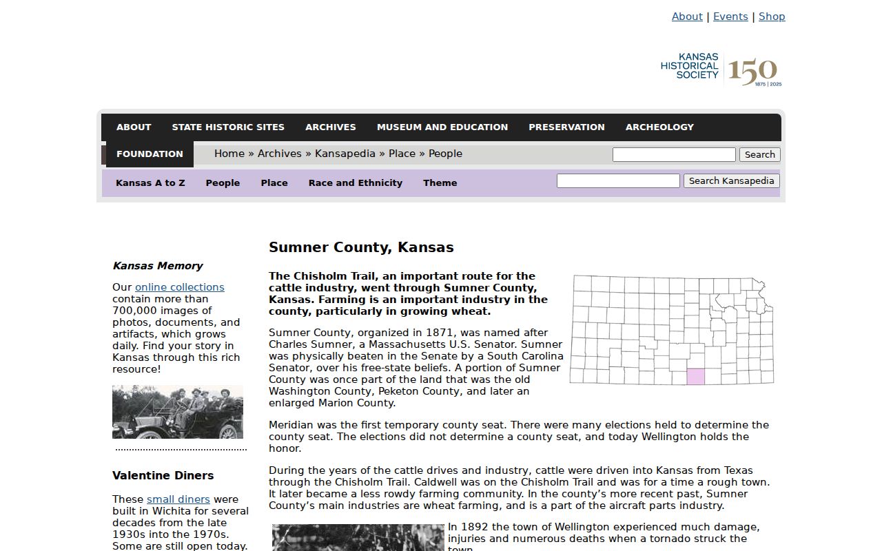 Kansas Historical Society Sumner County history source for court record context