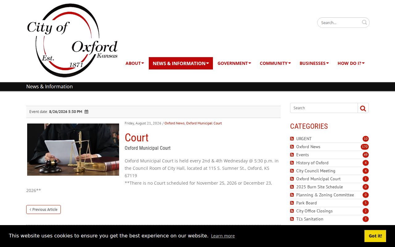 Official Oxford municipal court event page with schedule information