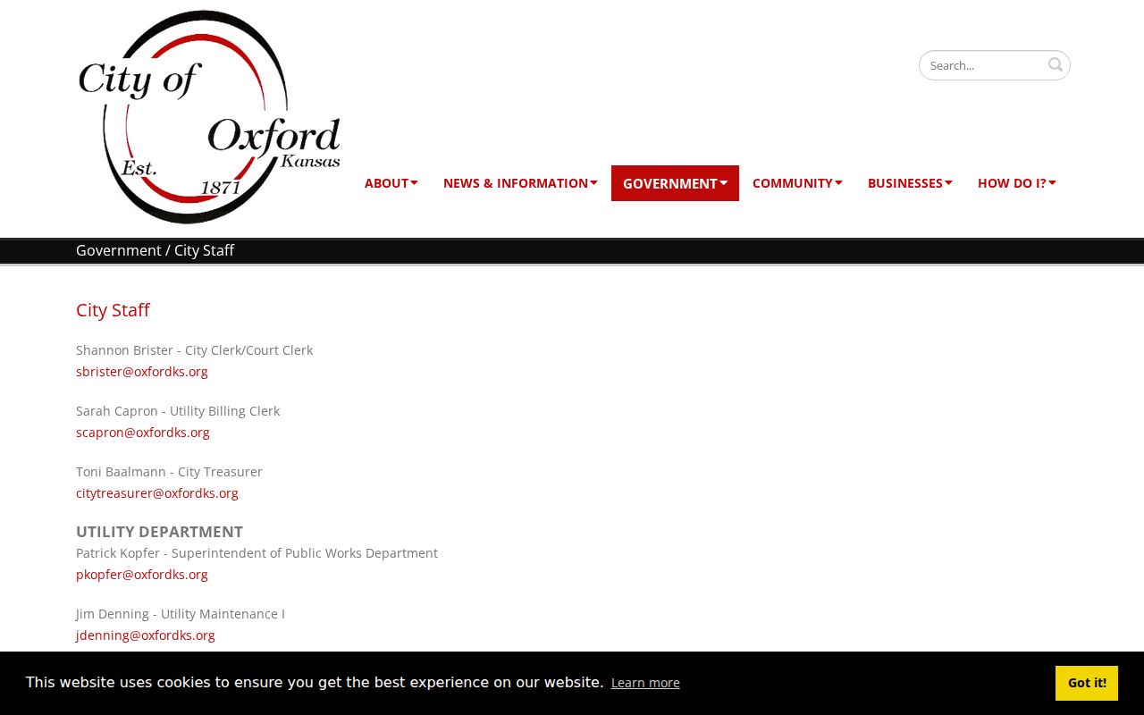 Official Oxford staff page identifying the City Clerk and Court Clerk