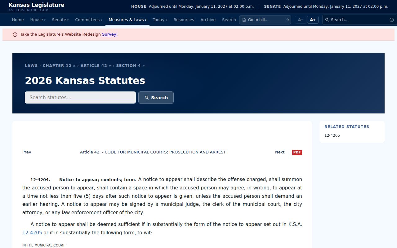 Kansas statute page for municipal traffic notice to appear requirements