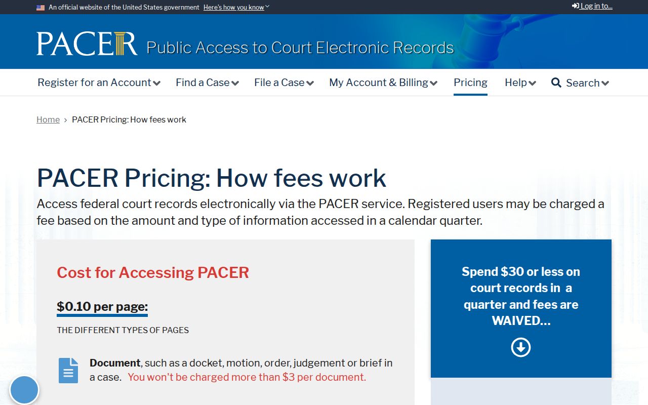 Official PACER federal court document fee explanation