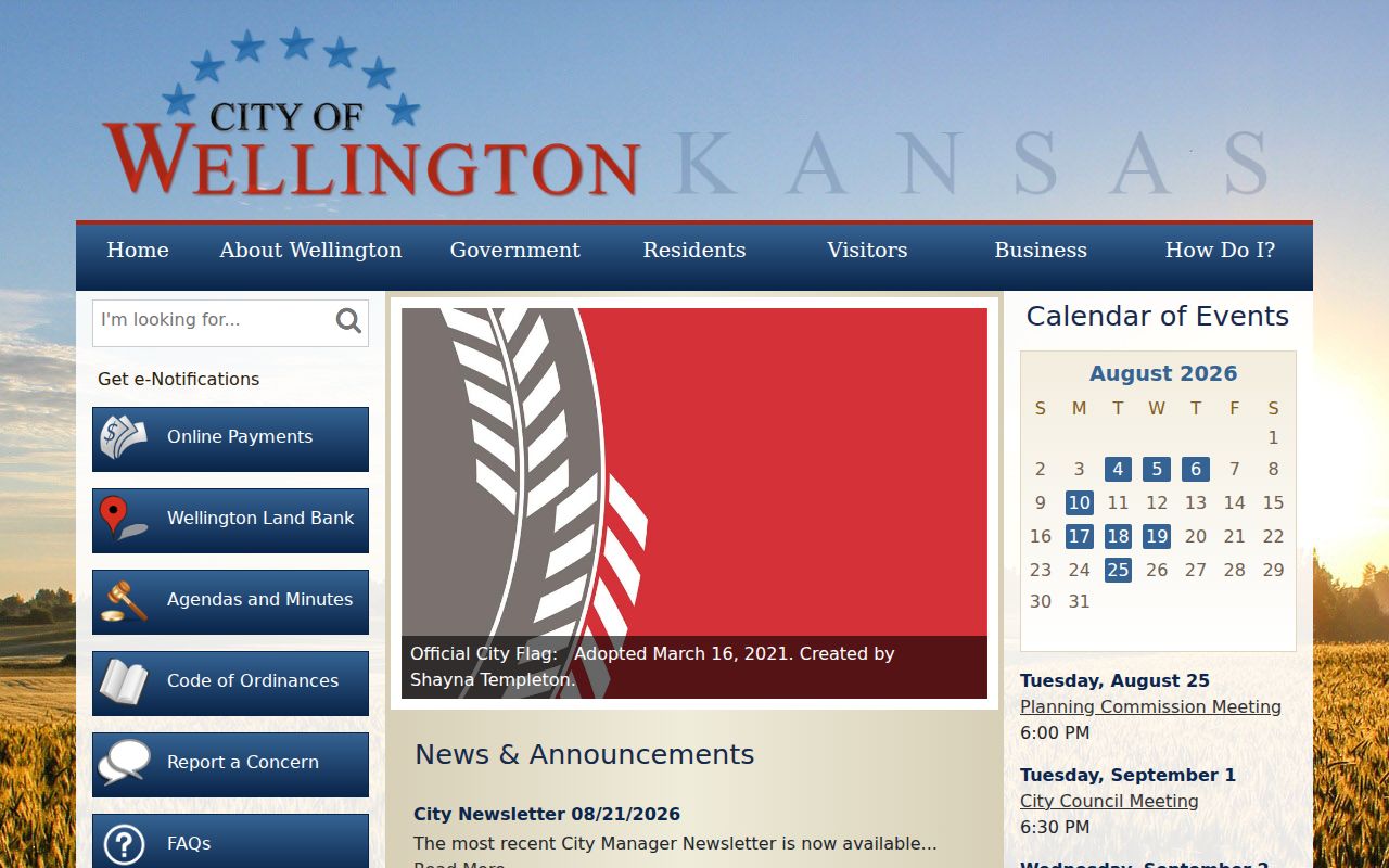 Official City of Wellington homepage and municipal navigation