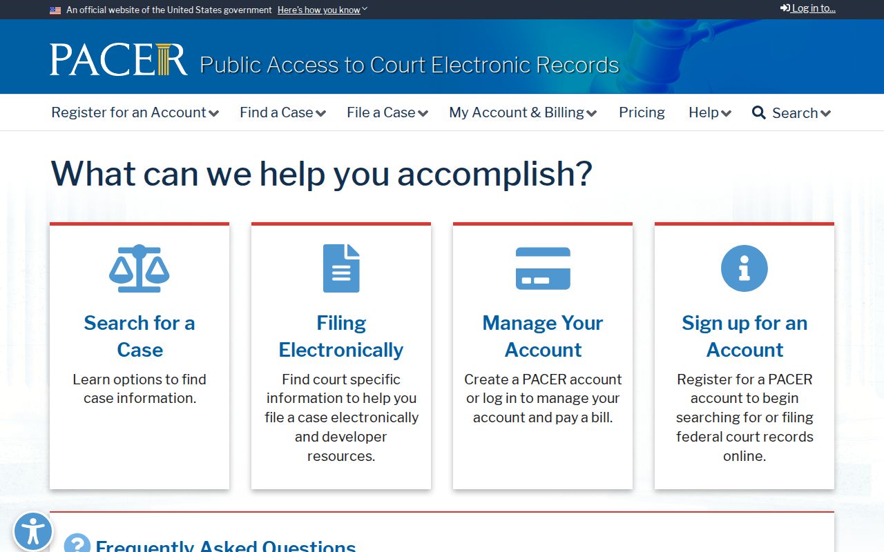 Official PACER federal court docket access information