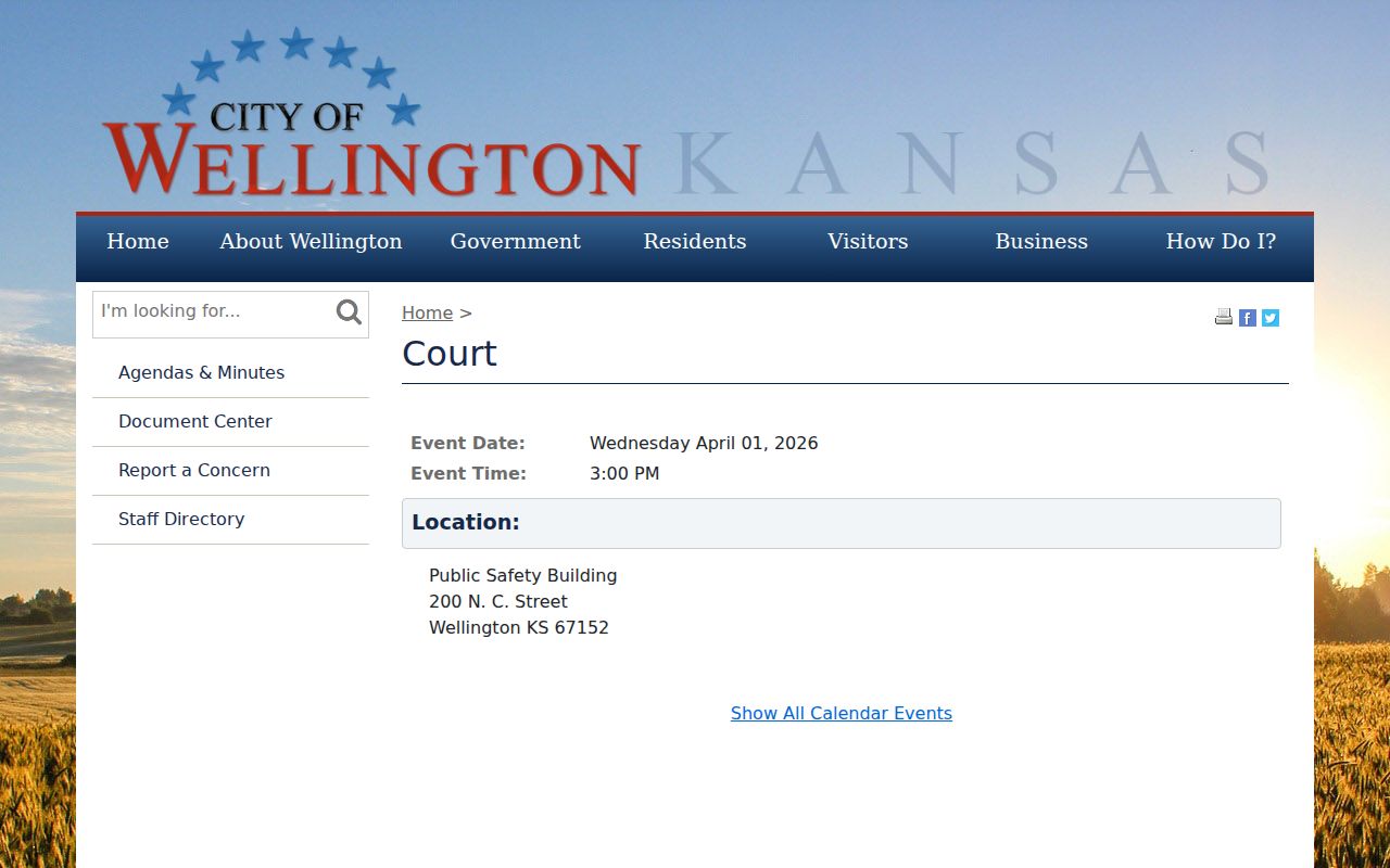 Wellington municipal court calendar with event date time and location fields