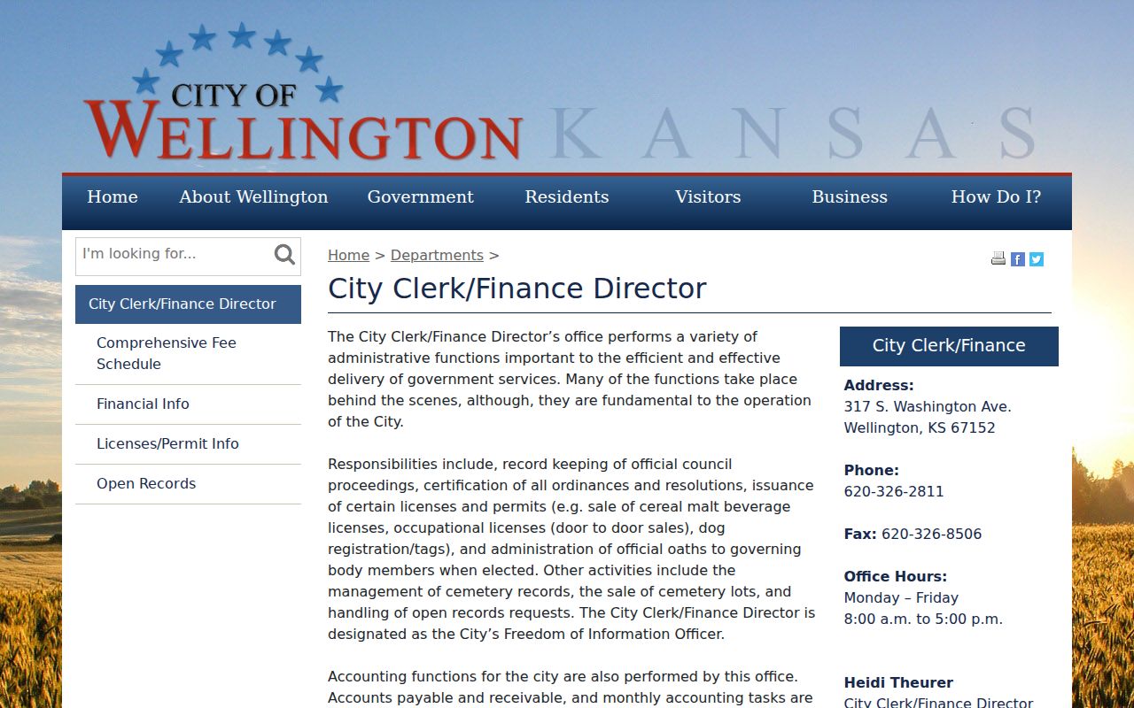 Official Wellington City Clerk and Finance Director contact page