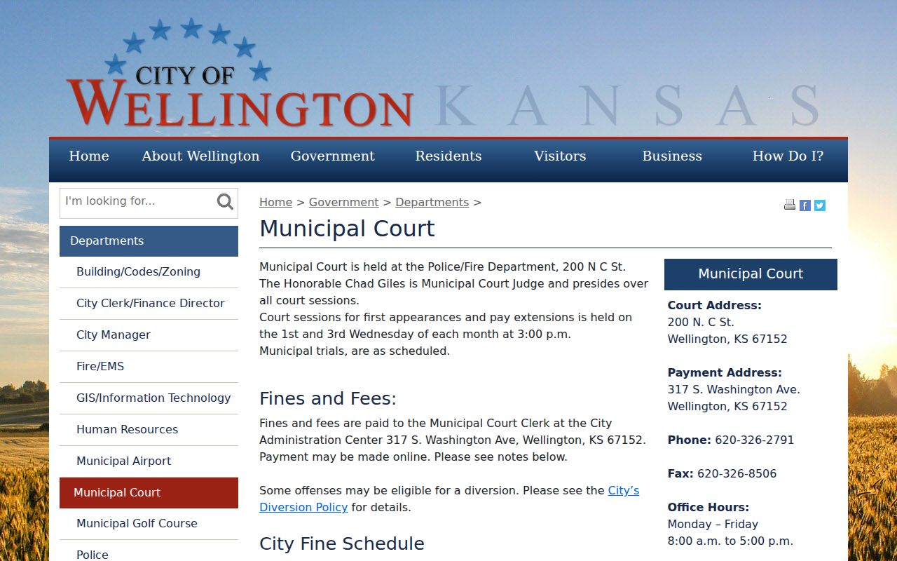 Official Wellington Municipal Court page showing court and payment information